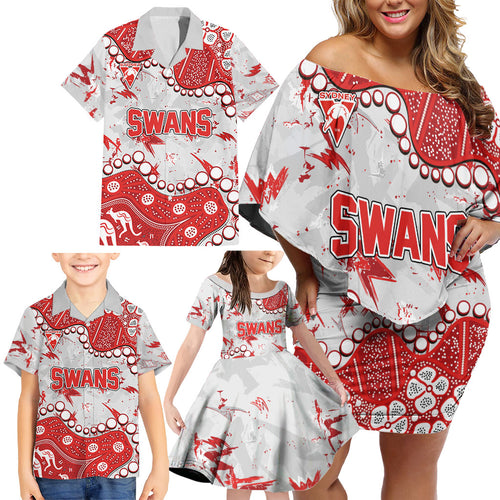 Personalized Sydney Swans Family Matching Off Shoulder Short Dress and Hawaiian Shirt Aboriginal Pattern with Graffiti Style
