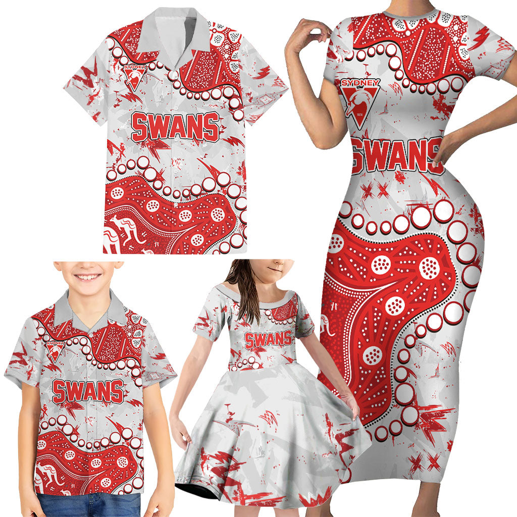 Personalized Sydney Swans Family Matching Short Sleeve Bodycon Dress and Hawaiian Shirt Aboriginal Pattern with Graffiti Style
