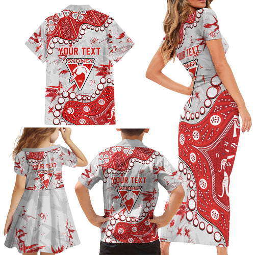 Personalized Sydney Swans Family Matching Short Sleeve Bodycon Dress and Hawaiian Shirt Aboriginal Pattern with Graffiti Style