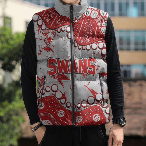 Personalized Sydney Swans Sleeveless Puffer Jacket Aboriginal Pattern with Graffiti Style