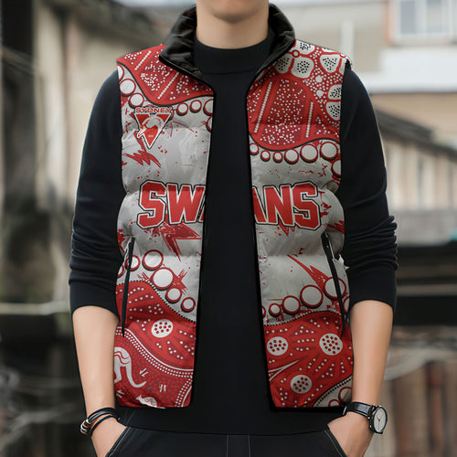 Personalized Sydney Swans Sleeveless Puffer Jacket Aboriginal Pattern with Graffiti Style
