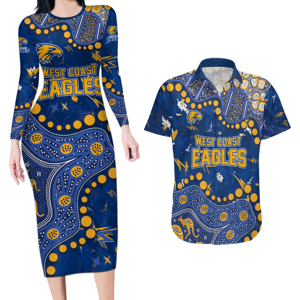 Personalized West Coast Eagles Couples Matching Long Sleeve Bodycon Dress and Hawaiian Shirt Aboriginal Pattern with Graffiti Style