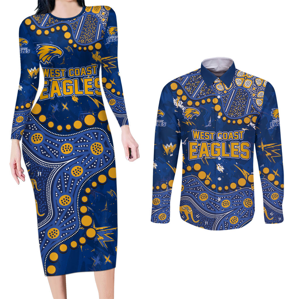 Personalized West Coast Eagles Couples Matching Long Sleeve Bodycon Dress and Long Sleeve Button Shirt Aboriginal Pattern with Graffiti Style