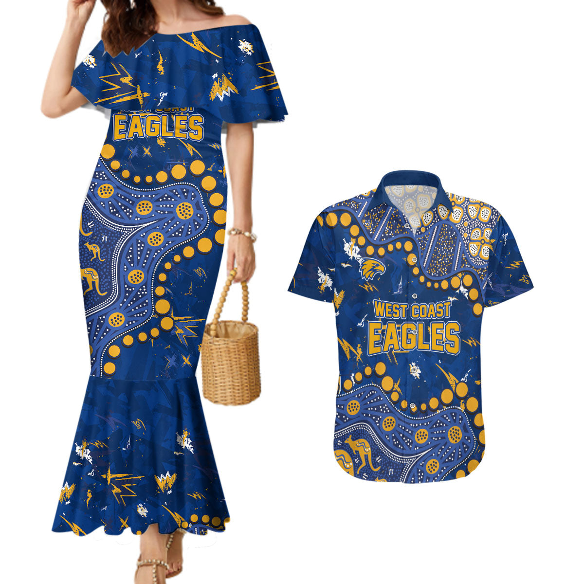 Personalized West Coast Eagles Couples Matching Mermaid Dress and Hawaiian Shirt Aboriginal Pattern with Graffiti Style