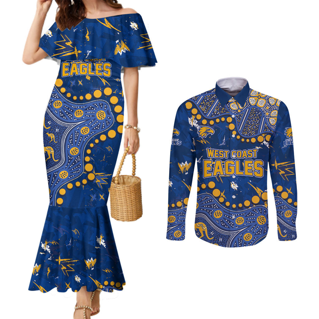 Personalized West Coast Eagles Couples Matching Mermaid Dress and Long Sleeve Button Shirt Aboriginal Pattern with Graffiti Style