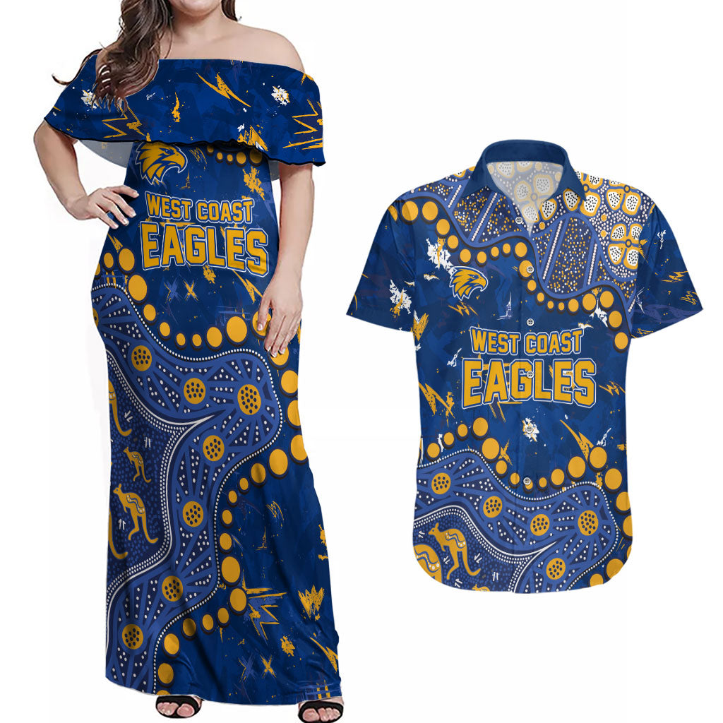Personalized West Coast Eagles Couples Matching Off Shoulder Maxi Dress and Hawaiian Shirt Aboriginal Pattern with Graffiti Style