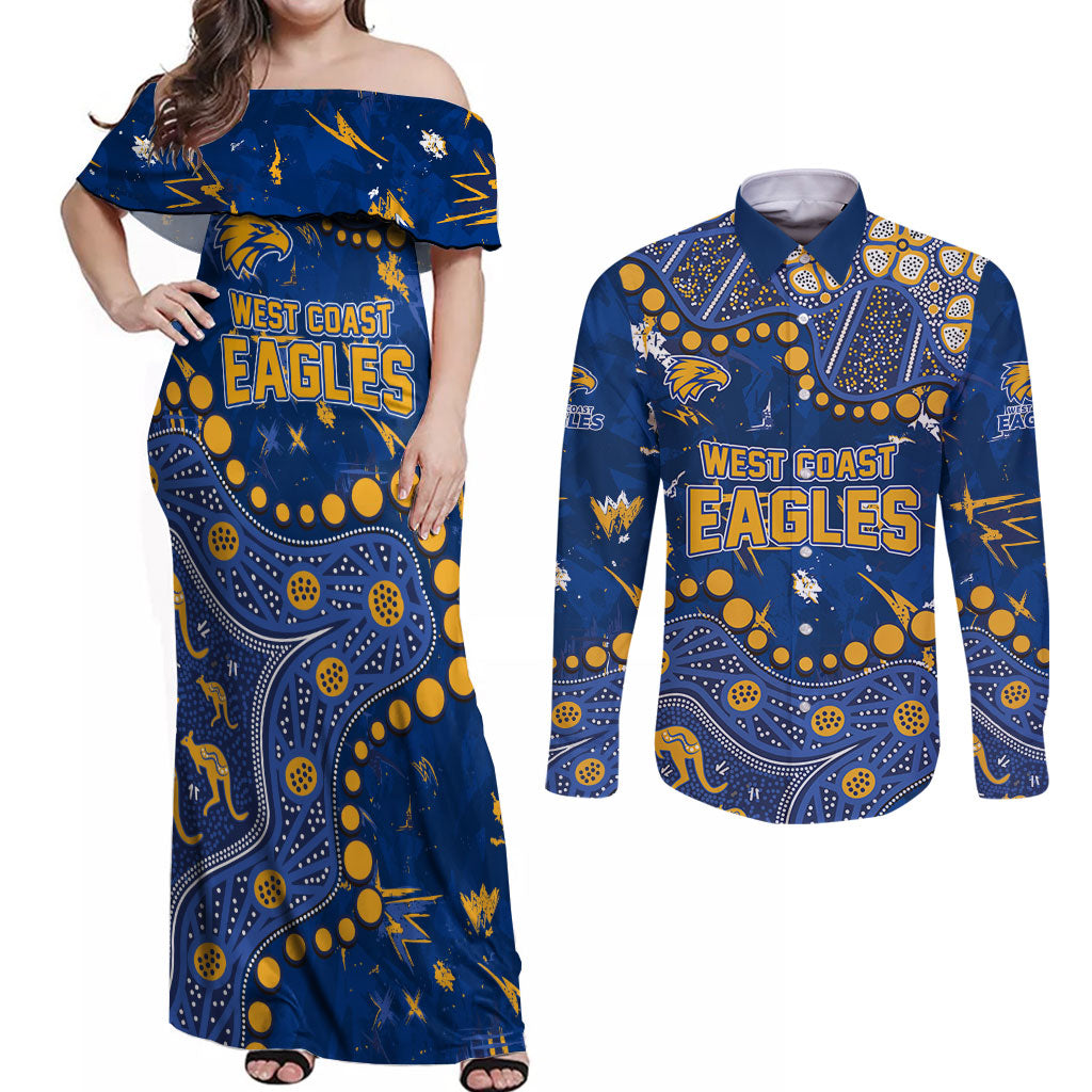 Personalized West Coast Eagles Couples Matching Off Shoulder Maxi Dress and Long Sleeve Button Shirt Aboriginal Pattern with Graffiti Style