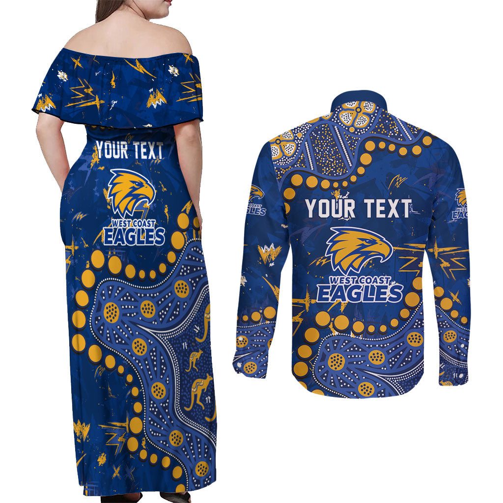 Personalized West Coast Eagles Couples Matching Off Shoulder Maxi Dress and Long Sleeve Button Shirt Aboriginal Pattern with Graffiti Style