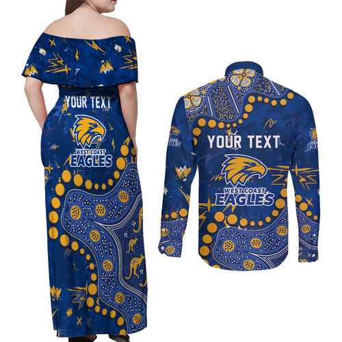 Personalized West Coast Eagles Couples Matching Off Shoulder Maxi Dress and Long Sleeve Button Shirt Aboriginal Pattern with Graffiti Style