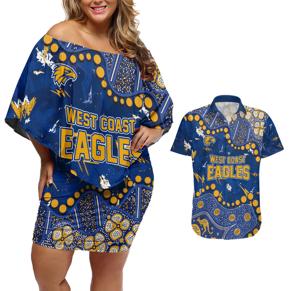 Personalized West Coast Eagles Couples Matching Off Shoulder Short Dress and Hawaiian Shirt Aboriginal Pattern with Graffiti Style