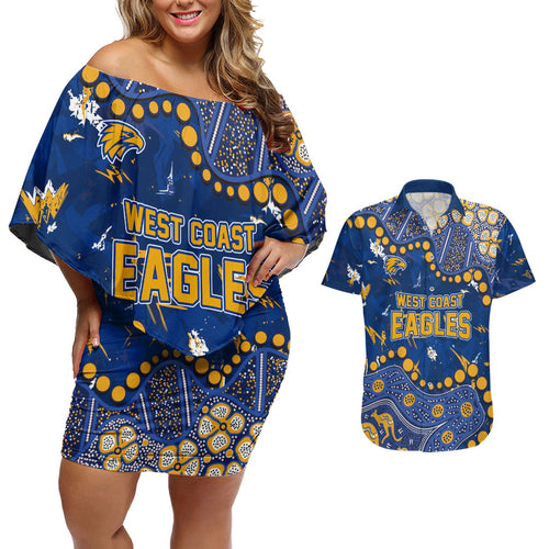 Personalized West Coast Eagles Couples Matching Off Shoulder Short Dress and Hawaiian Shirt Aboriginal Pattern with Graffiti Style