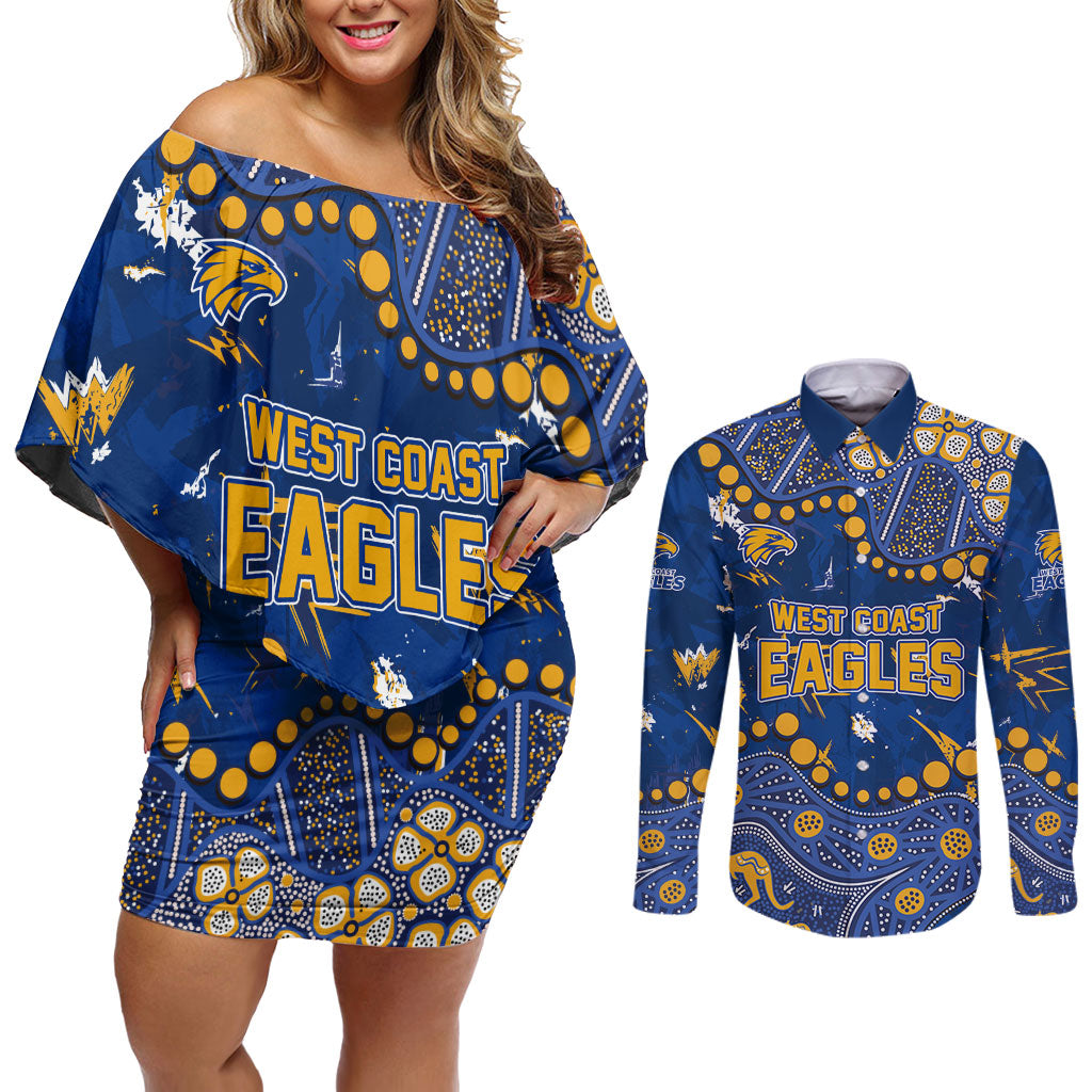 Personalized West Coast Eagles Couples Matching Off Shoulder Short Dress and Long Sleeve Button Shirt Aboriginal Pattern with Graffiti Style