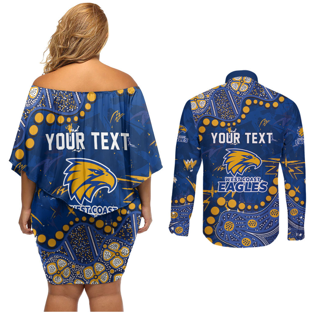 Personalized West Coast Eagles Couples Matching Off Shoulder Short Dress and Long Sleeve Button Shirt Aboriginal Pattern with Graffiti Style