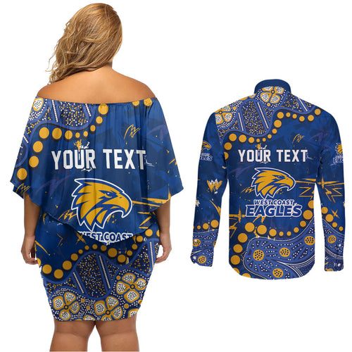 Personalized West Coast Eagles Couples Matching Off Shoulder Short Dress and Long Sleeve Button Shirt Aboriginal Pattern with Graffiti Style