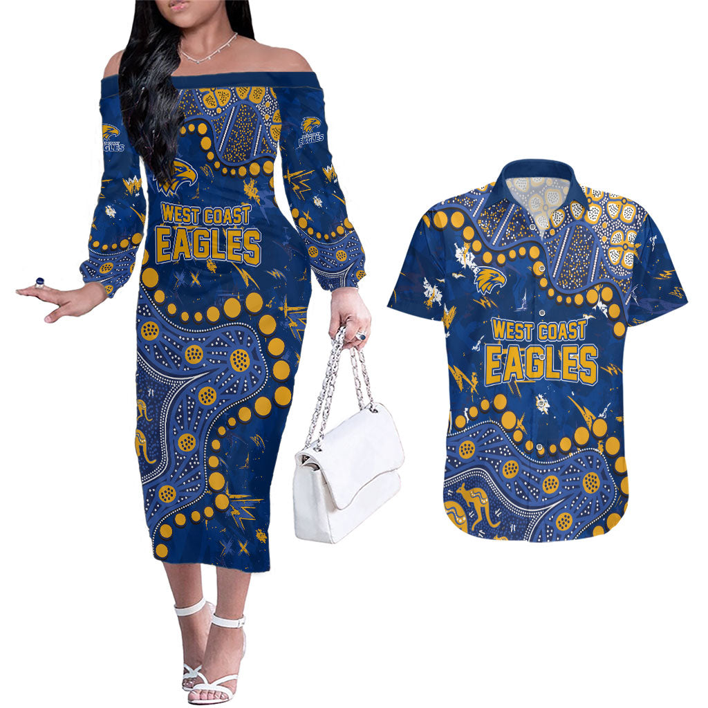 Personalized West Coast Eagles Couples Matching Off The Shoulder Long Sleeve Dress and Hawaiian Shirt Aboriginal Pattern with Graffiti Style