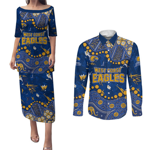 Personalized West Coast Eagles Couples Matching Puletasi and Long Sleeve Button Shirt Aboriginal Pattern with Graffiti Style