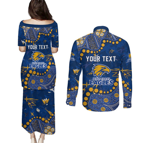 Personalized West Coast Eagles Couples Matching Puletasi and Long Sleeve Button Shirt Aboriginal Pattern with Graffiti Style