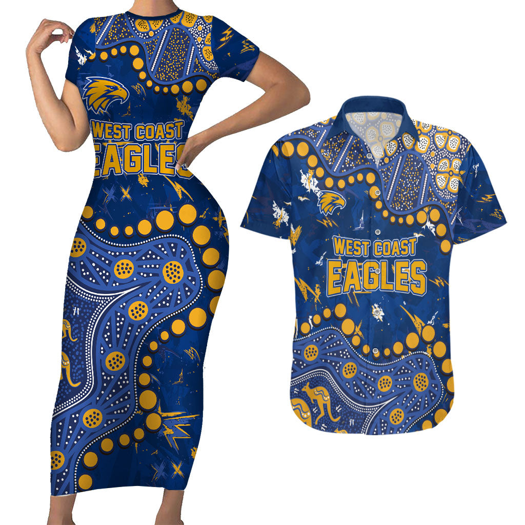 Personalized West Coast Eagles Couples Matching Short Sleeve Bodycon Dress and Hawaiian Shirt Aboriginal Pattern with Graffiti Style