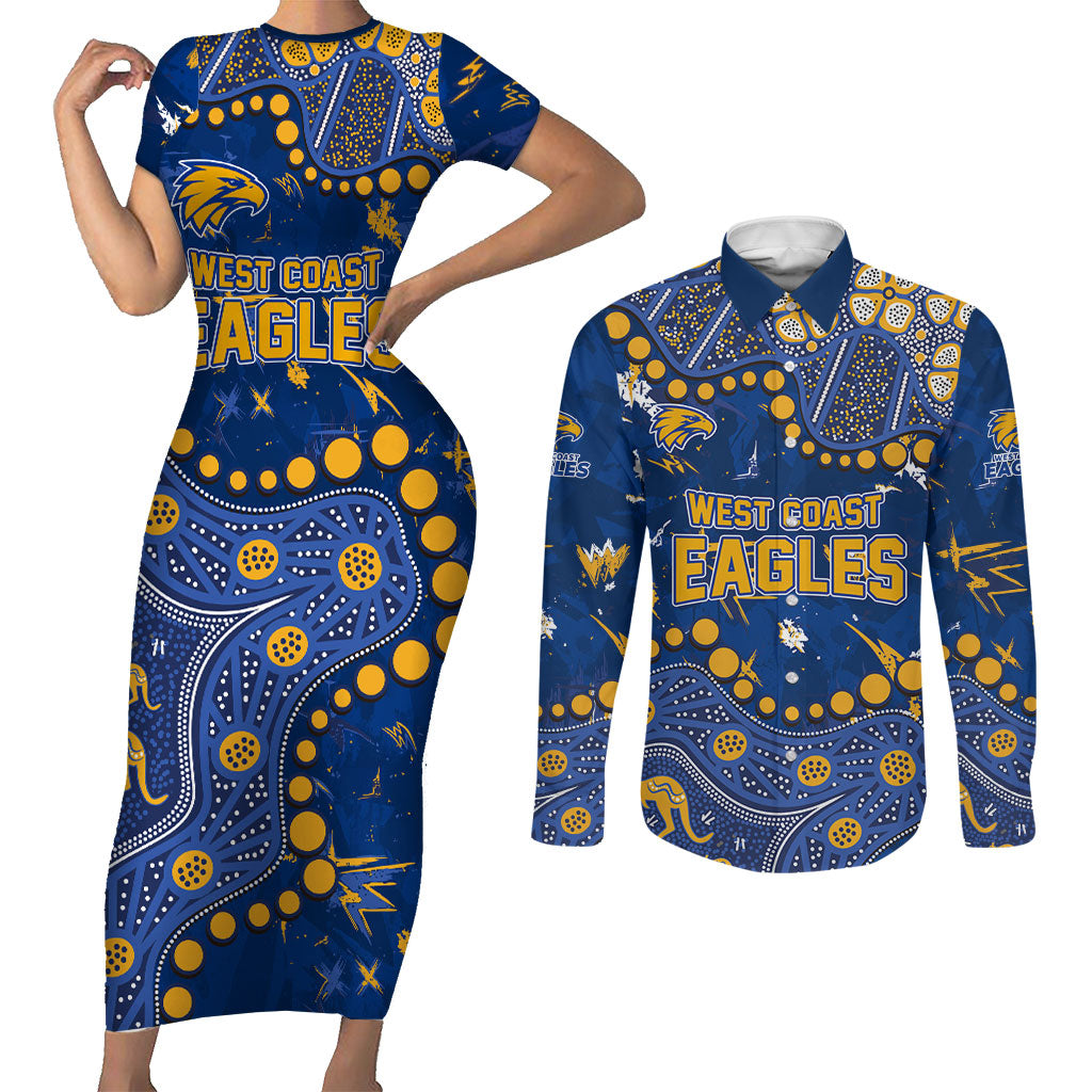 Personalized West Coast Eagles Couples Matching Short Sleeve Bodycon Dress and Long Sleeve Button Shirt Aboriginal Pattern with Graffiti Style