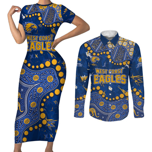 Personalized West Coast Eagles Couples Matching Short Sleeve Bodycon Dress and Long Sleeve Button Shirt Aboriginal Pattern with Graffiti Style