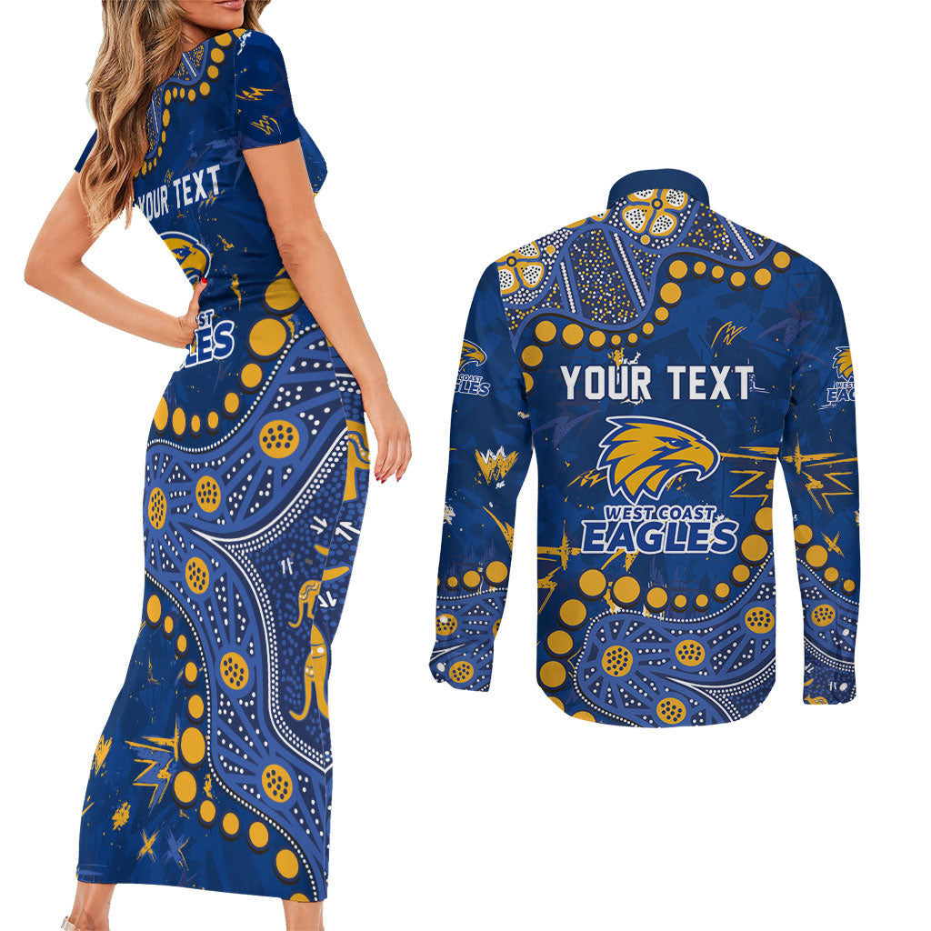 Personalized West Coast Eagles Couples Matching Short Sleeve Bodycon Dress and Long Sleeve Button Shirt Aboriginal Pattern with Graffiti Style