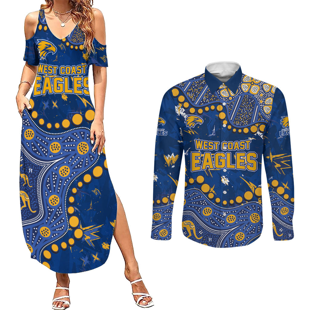 Personalized West Coast Eagles Couples Matching Summer Maxi Dress and Long Sleeve Button Shirt Aboriginal Pattern with Graffiti Style