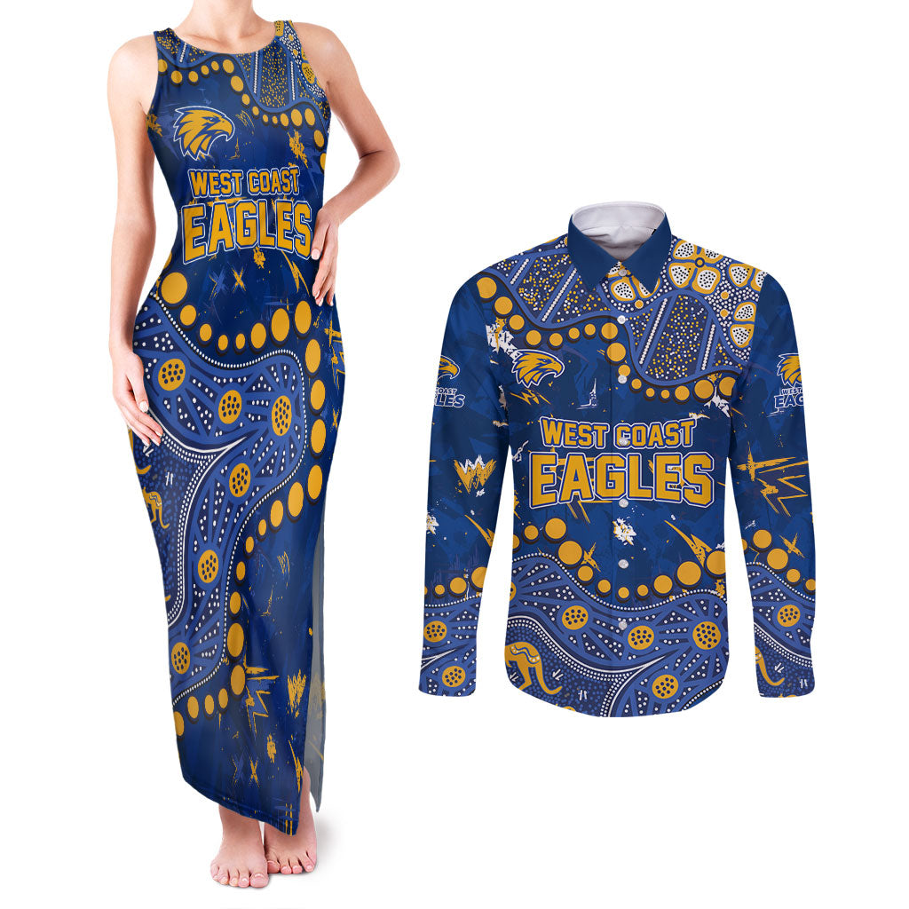 Personalized West Coast Eagles Couples Matching Tank Maxi Dress and Long Sleeve Button Shirt Aboriginal Pattern with Graffiti Style