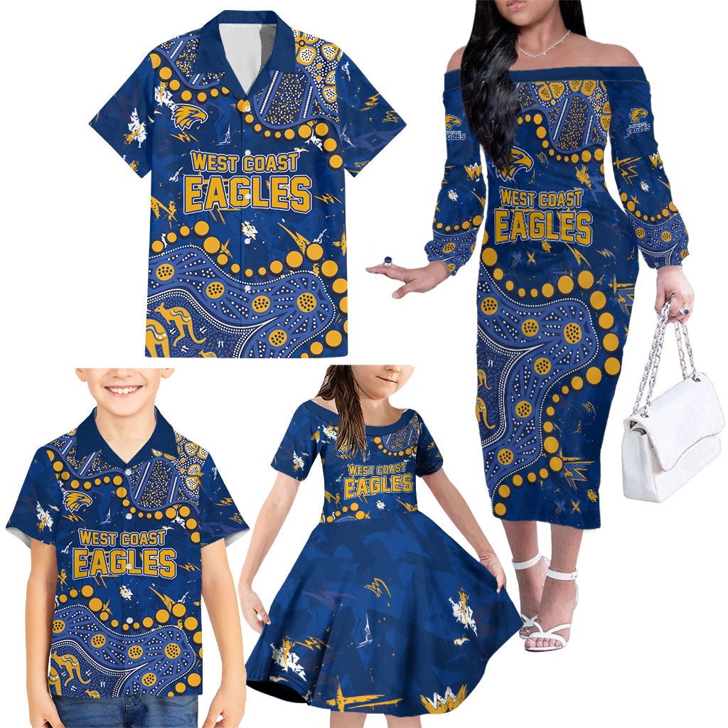 Personalized West Coast Eagles Family Matching Off The Shoulder Long Sleeve Dress and Hawaiian Shirt Aboriginal Pattern with Graffiti Style