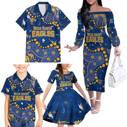 Personalized West Coast Eagles Family Matching Off The Shoulder Long Sleeve Dress and Hawaiian Shirt Aboriginal Pattern with Graffiti Style