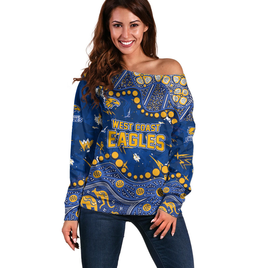 Personalized West Coast Eagles Off Shoulder Sweater Aboriginal Pattern with Graffiti Style