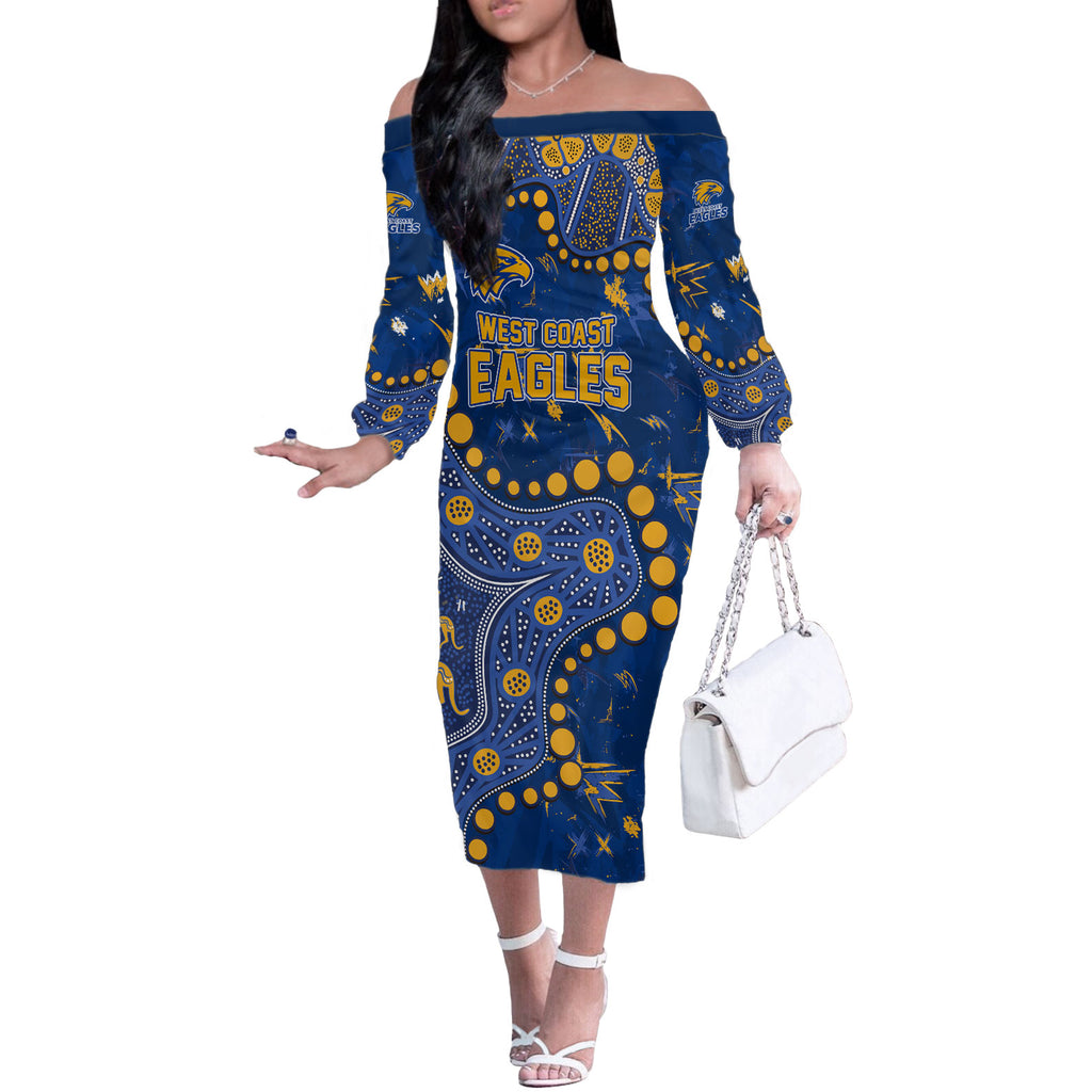 Personalized West Coast Eagles Off The Shoulder Long Sleeve Dress Aboriginal Pattern with Graffiti Style