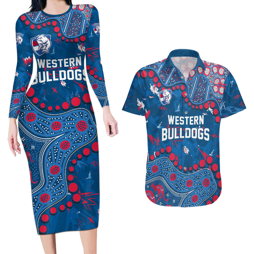 Personalized Western Bulldogs Couples Matching Long Sleeve Bodycon Dress and Hawaiian Shirt Aboriginal Pattern with Graffiti Style