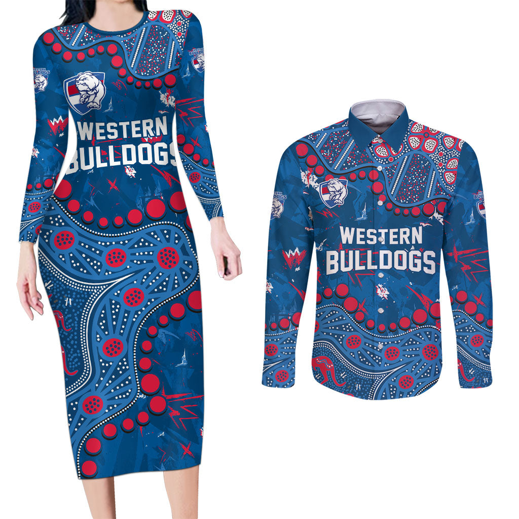Personalized Western Bulldogs Couples Matching Long Sleeve Bodycon Dress and Long Sleeve Button Shirt Aboriginal Pattern with Graffiti Style