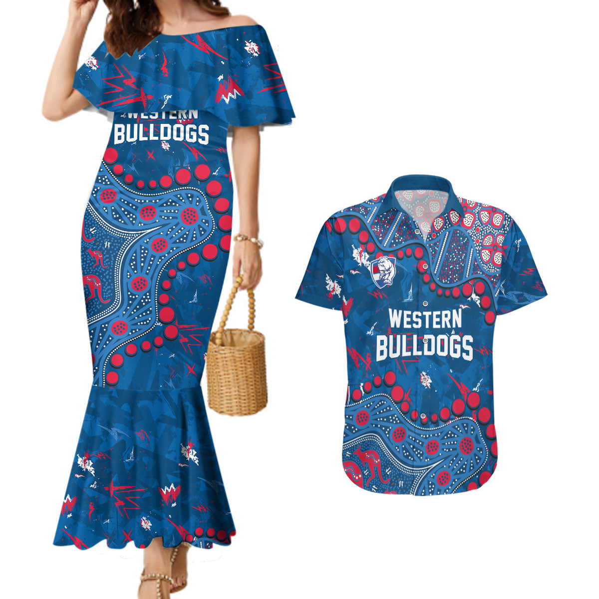 Personalized Western Bulldogs Couples Matching Mermaid Dress and Hawaiian Shirt Aboriginal Pattern with Graffiti Style