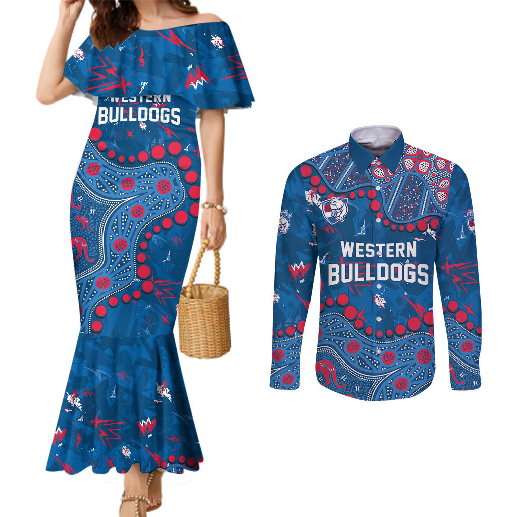 Personalized Western Bulldogs Couples Matching Mermaid Dress and Long Sleeve Button Shirt Aboriginal Pattern with Graffiti Style