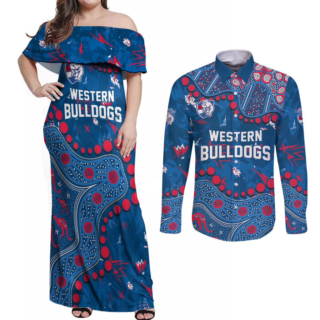 Personalized Western Bulldogs Couples Matching Off Shoulder Maxi Dress and Long Sleeve Button Shirt Aboriginal Pattern with Graffiti Style