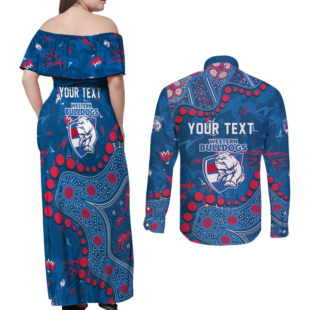 Personalized Western Bulldogs Couples Matching Off Shoulder Maxi Dress and Long Sleeve Button Shirt Aboriginal Pattern with Graffiti Style