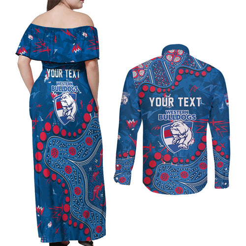 Personalized Western Bulldogs Couples Matching Off Shoulder Maxi Dress and Long Sleeve Button Shirt Aboriginal Pattern with Graffiti Style