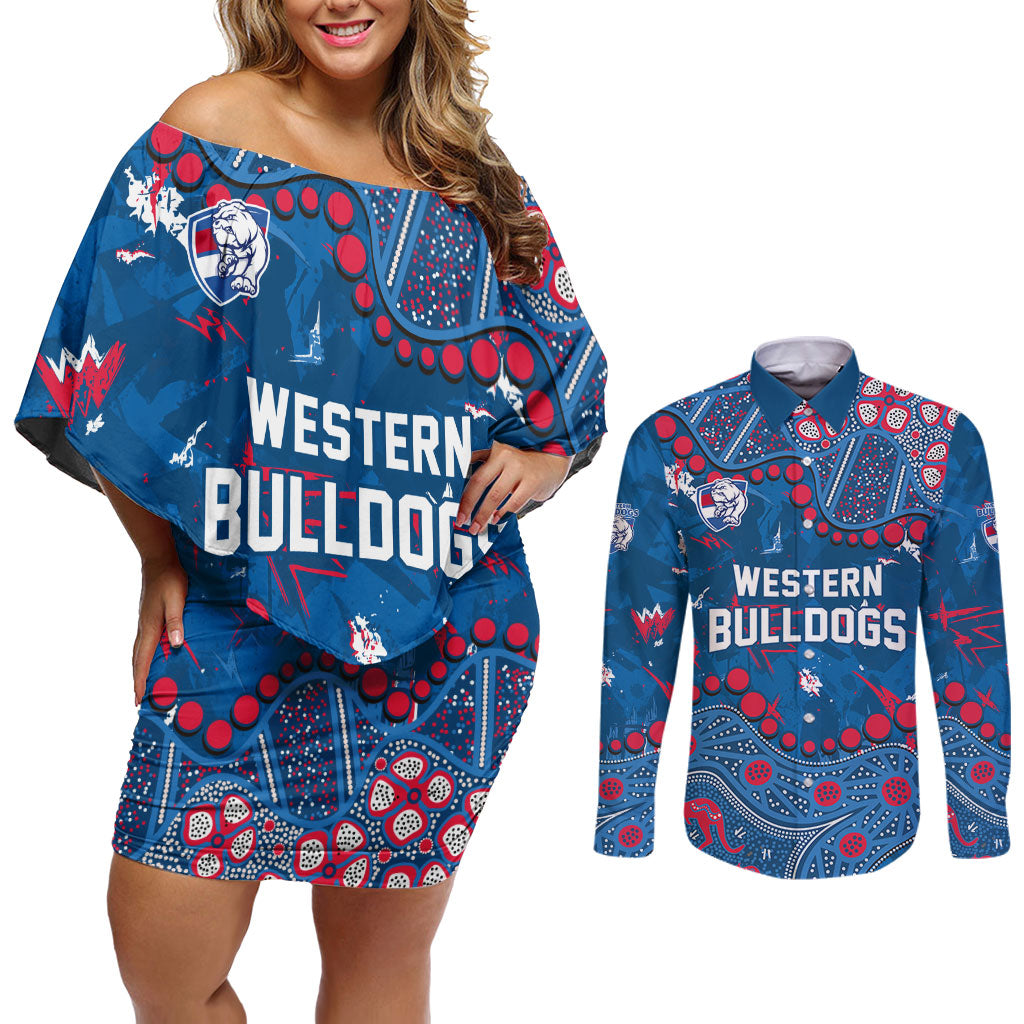 Personalized Western Bulldogs Couples Matching Off Shoulder Short Dress and Long Sleeve Button Shirt Aboriginal Pattern with Graffiti Style