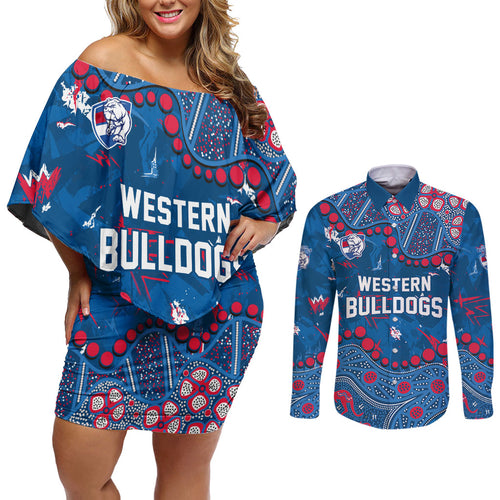 Personalized Western Bulldogs Couples Matching Off Shoulder Short Dress and Long Sleeve Button Shirt Aboriginal Pattern with Graffiti Style