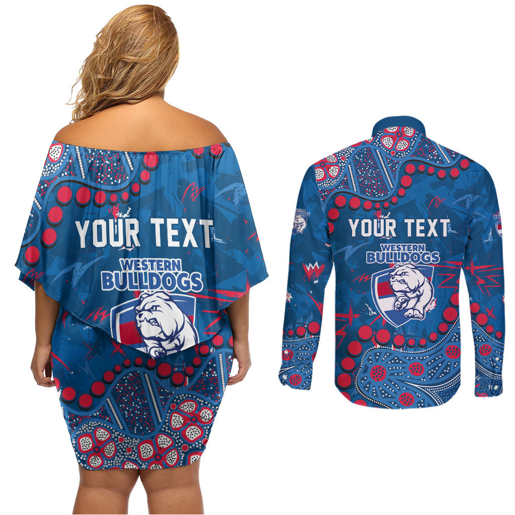 Personalized Western Bulldogs Couples Matching Off Shoulder Short Dress and Long Sleeve Button Shirt Aboriginal Pattern with Graffiti Style