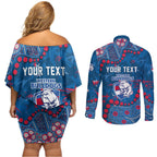 Personalized Western Bulldogs Couples Matching Off Shoulder Short Dress and Long Sleeve Button Shirt Aboriginal Pattern with Graffiti Style