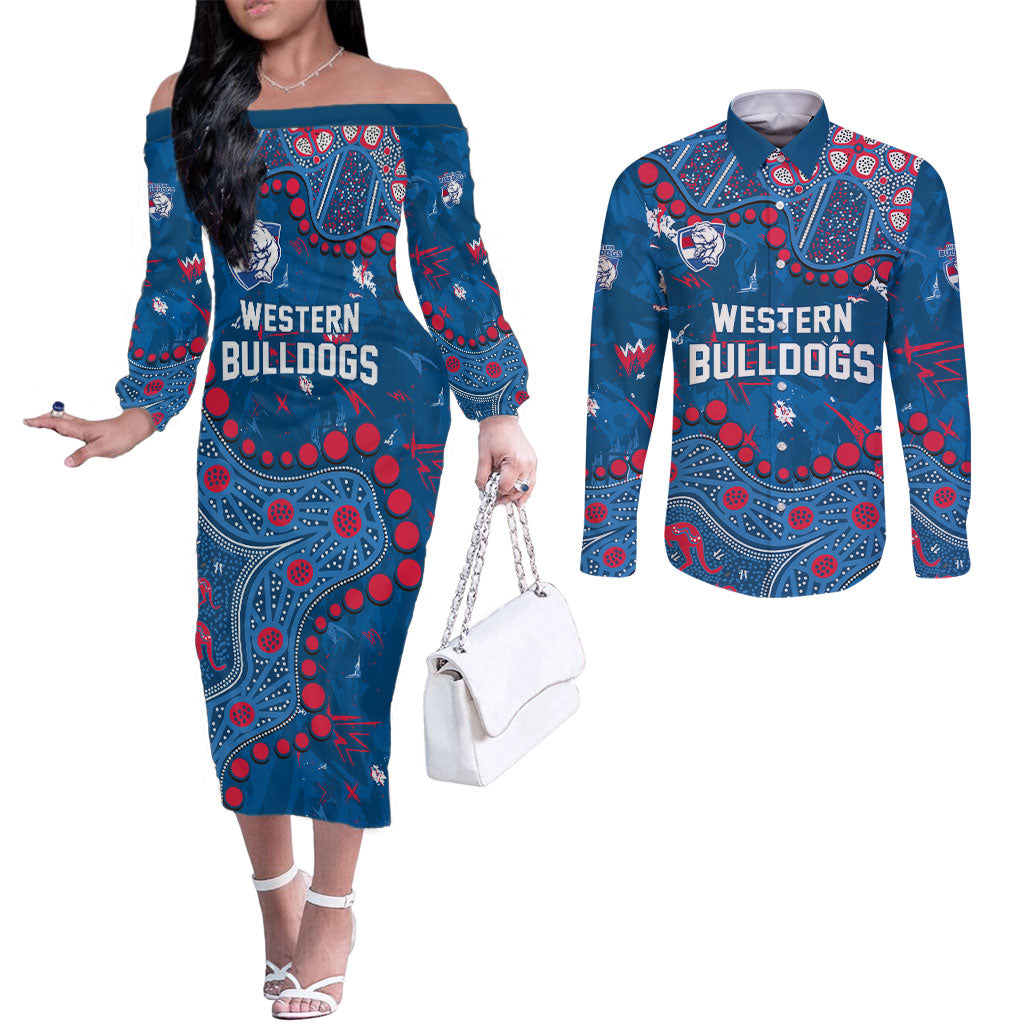 Personalized Western Bulldogs Couples Matching Off The Shoulder Long Sleeve Dress and Long Sleeve Button Shirt Aboriginal Pattern with Graffiti Style