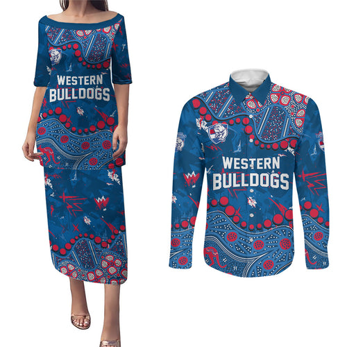 Personalized Western Bulldogs Couples Matching Puletasi and Long Sleeve Button Shirt Aboriginal Pattern with Graffiti Style