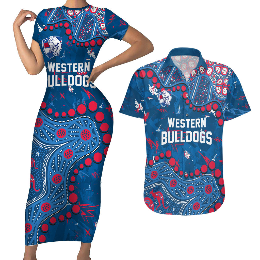 Personalized Western Bulldogs Couples Matching Short Sleeve Bodycon Dress and Hawaiian Shirt Aboriginal Pattern with Graffiti Style