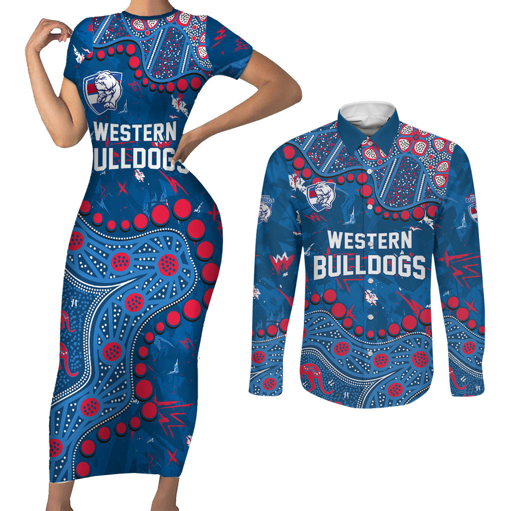 Personalized Western Bulldogs Couples Matching Short Sleeve Bodycon Dress and Long Sleeve Button Shirt Aboriginal Pattern with Graffiti Style