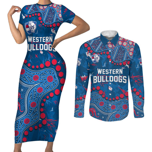 Personalized Western Bulldogs Couples Matching Short Sleeve Bodycon Dress and Long Sleeve Button Shirt Aboriginal Pattern with Graffiti Style
