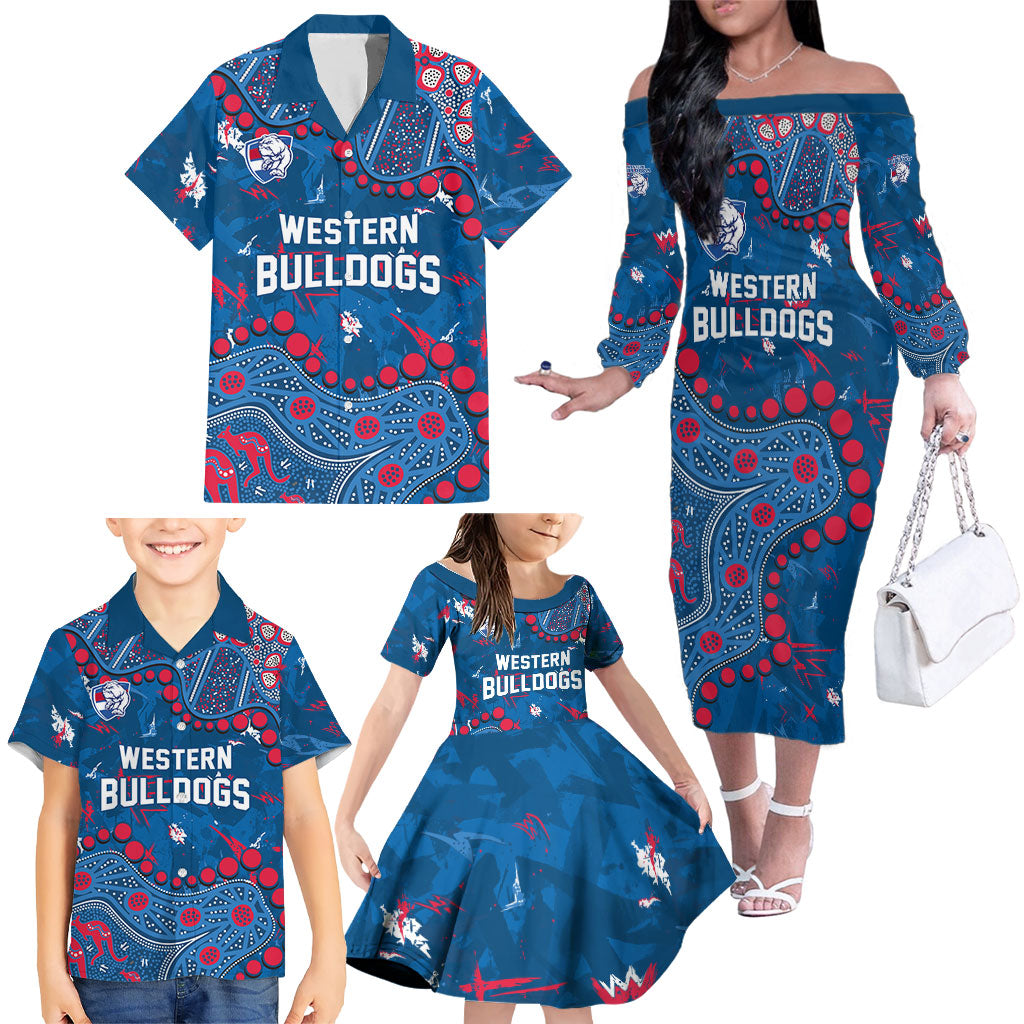 Personalized Western Bulldogs Family Matching Off The Shoulder Long Sleeve Dress and Hawaiian Shirt Aboriginal Pattern with Graffiti Style