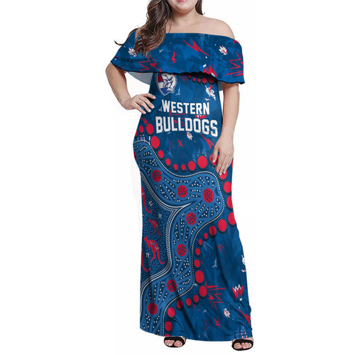 Personalized Western Bulldogs Family Matching Off Shoulder Maxi Dress and Hawaiian Shirt Aboriginal Pattern with Graffiti Style