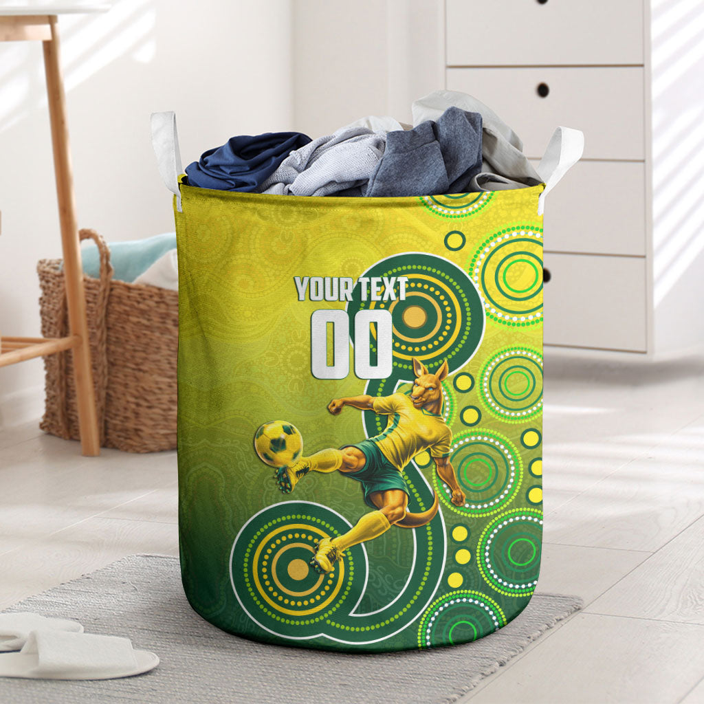 Personalized Australian Soccer Kangaroo Laundry Basket Aboriginal Dot Pattern Green Gold Football Player